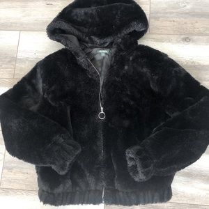 Furry black crop zip-up hoodie